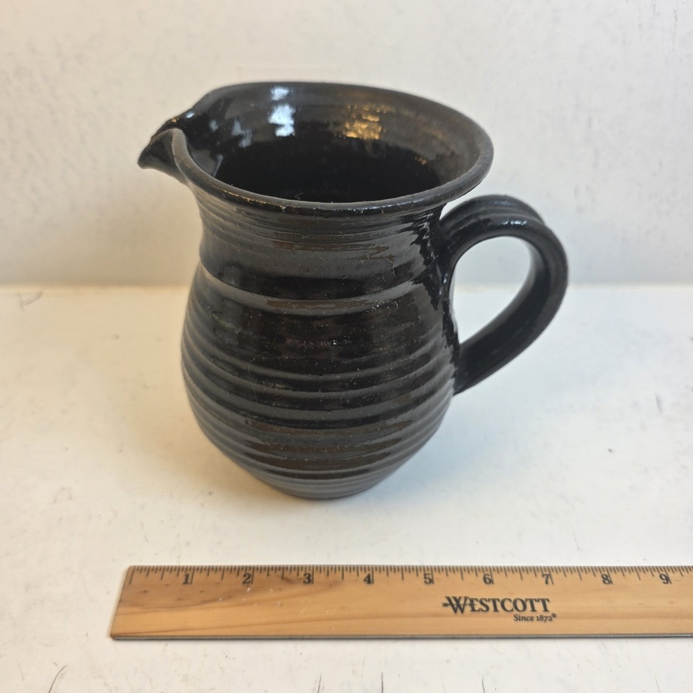 Vintage Studio‎ Pottery Black Glazed Stoneware Pitcher Ribbed Handcrafted Jug - Picture 9 of 10